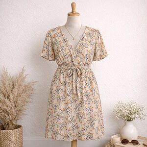 Dressbarn Floral Summer Midi Dress Sz L | V-Neck Tie Waist Lined